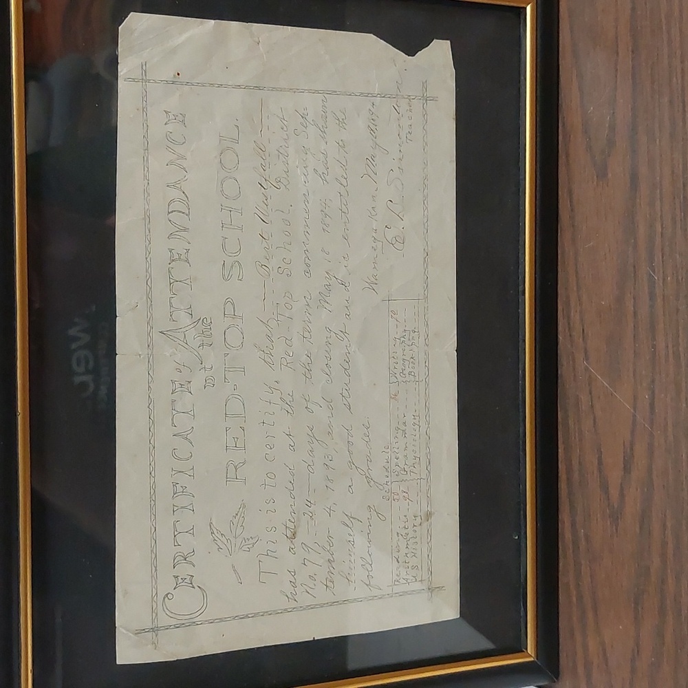 Framed handwritten School certificate from 1894